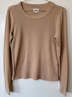 MATE the Label|Waffle Knit Organic Cotton Long-Sleeve Crewneck Top in Beige Sz S